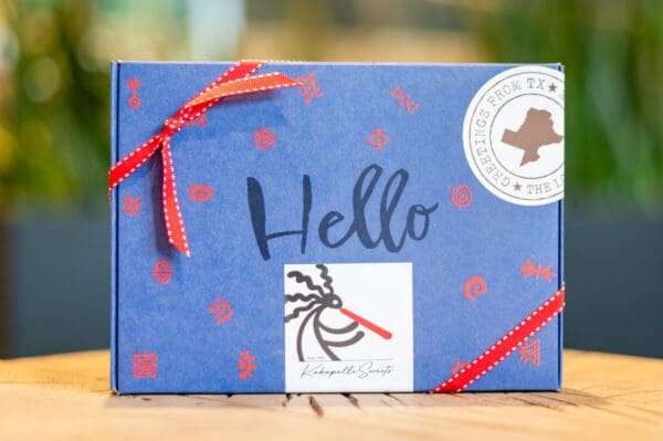 Blue gift box with red ribbon, Hello.