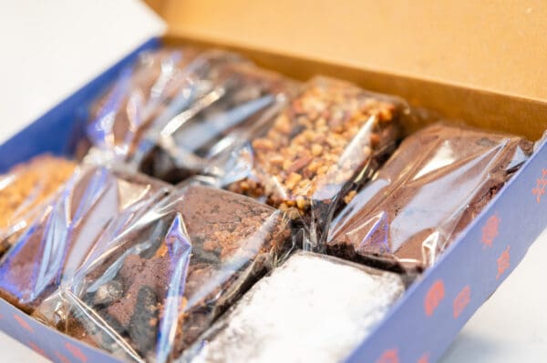 Assorted brownies in a gift box.